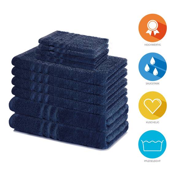Lavea® 10-teiliges Handtuch Set Elena, 100% Baumwolle - 4 x Handtuch, 2 x Duschtuch, 2 x Gästetuch, 2 x Waschhandschuh, Frottee Handtücher Set weich, saugstark & pflegeleicht, Bad & Gäste, Navy