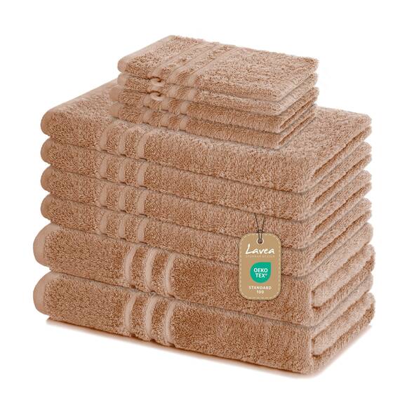 Lavea® 10-teiliges Handtuch Set Elena, 100% Baumwolle - 4 x Handtuch, 2 x Duschtuch, 2 x Gästetuch, 2 x Waschhandschuh, Frottee Handtücher Set weich, saugstark & pflegeleicht, Bad & Gäste, Cappuccino