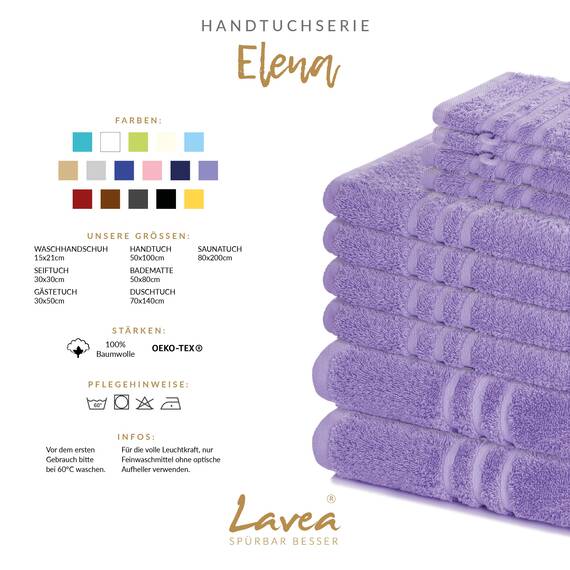 Lavea® 10-teiliges Handtuch Set Elena, 100% Baumwolle - 4 x Handtuch, 2 x Duschtuch, 2 x Gästetuch, 2 x Waschhandschuh, Frottee Handtücher Set weich, saugstark & pflegeleicht, Bad & Gäste, Lavendel