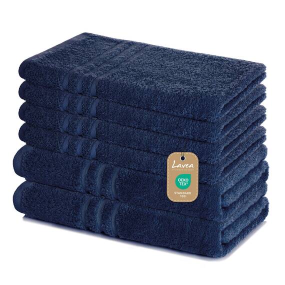 Lavea® 6-teiliges Handtuch Set, 100% Baumwolle - 4 Handtücher 50x100 cm & 2 Duschtücher 70x140 cm, weich, saugstark & pflegeleicht, Flauschiges Badehandtuch Set für Bad, Gäste & Spa, Navy