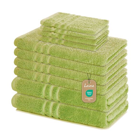 Lavea® 10-teiliges Handtuch Set Elena, 100% Baumwolle - 4 x Handtuch, 2 x Duschtuch, 2 x Gästetuch, 2 x Waschhandschuh, Frottee Handtücher Set weich, saugstark & pflegeleicht, Bad & Gäste, Lindgrün