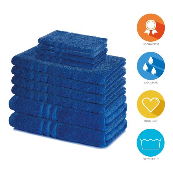 Lavea® 10-teiliges Handtuch Set Elena, 100% Baumwolle - 4 x Handtuch, 2 x Duschtuch, 2 x Gästetuch, 2 x Waschhandschuh, Frottee Handtücher Set weich, saugstark & pflegeleicht, Bad & Gäste, Royalblau