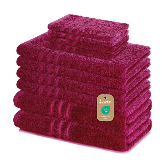 Lavea® 10-teiliges Handtuch Set Elena, 100% Baumwolle - 4 x Handtuch, 2 x Duschtuch, 2 x Gästetuch, 2 x Waschhandschuh, Frottee Handtücher Set weich, saugstark & pflegeleicht, Bad & Gäste, Bordeaux