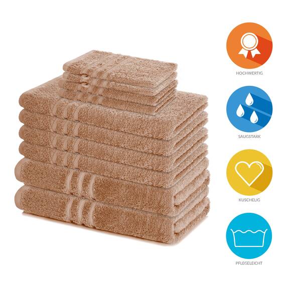 Lavea® 10-teiliges Handtuch Set Elena, 100% Baumwolle - 4 x Handtuch, 2 x Duschtuch, 2 x Gästetuch, 2 x Waschhandschuh, Frottee Handtücher Set weich, saugstark & pflegeleicht, Bad & Gäste, Cappuccino