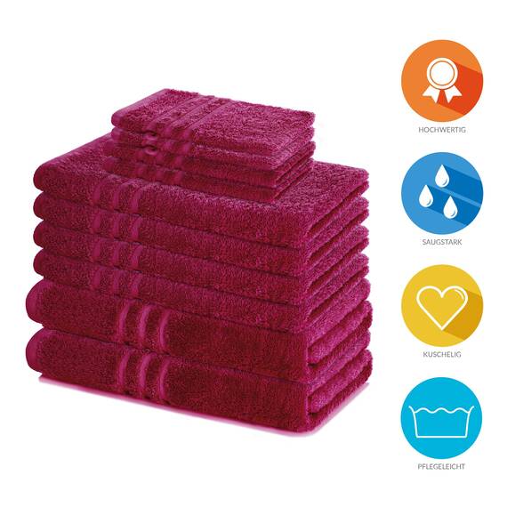 Lavea® 10-teiliges Handtuch Set Elena, 100% Baumwolle - 4 x Handtuch, 2 x Duschtuch, 2 x Gästetuch, 2 x Waschhandschuh, Frottee Handtücher Set weich, saugstark & pflegeleicht, Bad & Gäste, Bordeaux