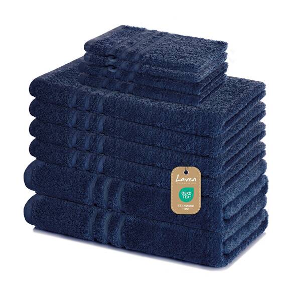 Lavea® 10-teiliges Handtuch Set Elena, 100% Baumwolle - 4 x Handtuch, 2 x Duschtuch, 2 x Gästetuch, 2 x Waschhandschuh, Frottee Handtücher Set weich, saugstark & pflegeleicht, Bad & Gäste, Navy