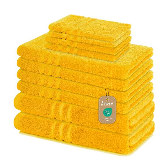 Lavea® 10-teiliges Handtuch Set Elena, 100% Baumwolle - 4 x Handtuch, 2 x Duschtuch, 2 x Gästetuch, 2 x Waschhandschuh, Frottee Handtücher Set weich, saugstark & pflegeleicht, Bad & Gäste, Rapsgelb