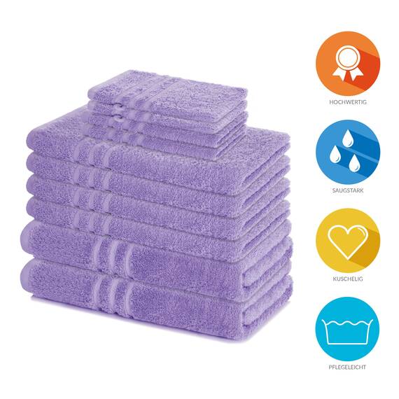 Lavea® 10-teiliges Handtuch Set Elena, 100% Baumwolle - 4 x Handtuch, 2 x Duschtuch, 2 x Gästetuch, 2 x Waschhandschuh, Frottee Handtücher Set weich, saugstark & pflegeleicht, Bad & Gäste, Lavendel