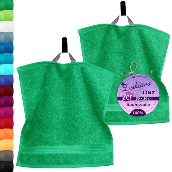 Lashuma Frottee 2er Set Gästehandtücher Grün - Forst, hochwertige Linz Seifentücher 30x30 cm