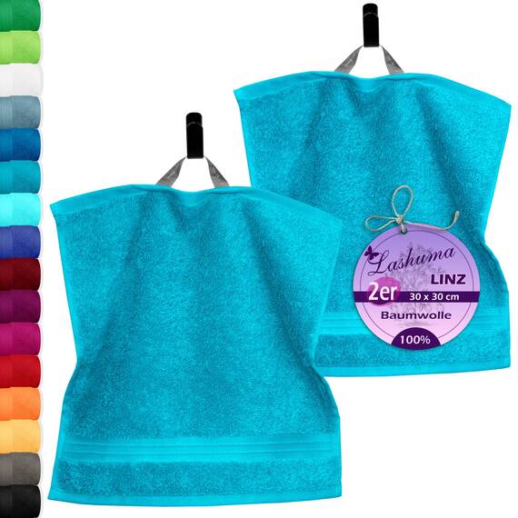 Lashuma 2er Handtuchset Seiftücher Blau Aquamarin, Linz Frottee Gesichtstücher 30x30 cm
