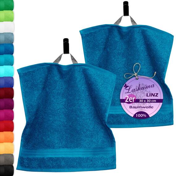 Lashuma Handtücher Set Frottee Linz, 2er Pack Gästehandtücher Blau - Petrol, Seiftücher Premium 30x30 cm