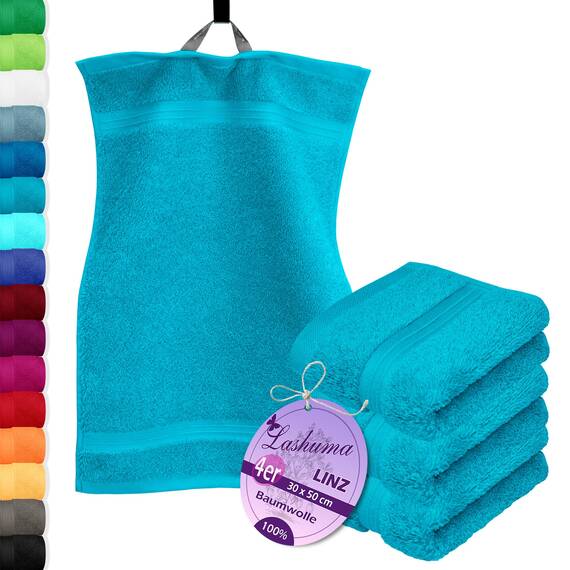 Lashuma 4X Gästetuch 30x50 cm, Handtuchset Blau - Aquamarin, Linz Handtücher klein