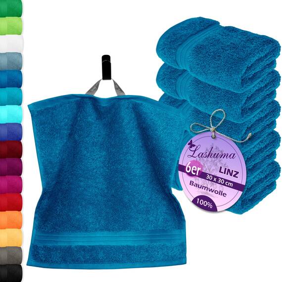 Lashuma Waschlappen Set 6 teilig, kleine Gästetücher Blau Petrol, Linz Badezimmer Handtücher 30x30 cm