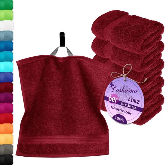 Lashuma 6er Set Frottee Seiftuch 30x30 cm, Linz Gästehandtücher Set Rot - Rubin