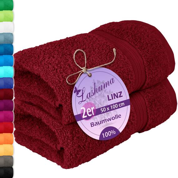Lashuma 2X Handtuch Set Baumwolle 50x100 cm, Linz Wellness Badetuch Rot - Rubin