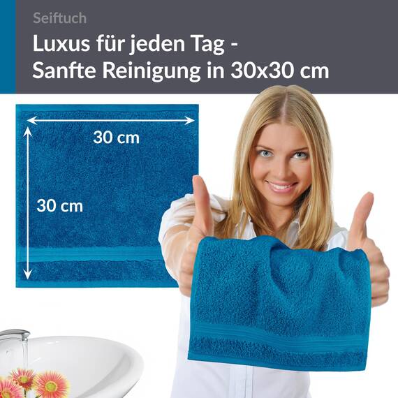Lashuma Waschlappen Set 6 teilig, kleine Gästetücher Blau Petrol, Linz Badezimmer Handtücher 30x30 cm