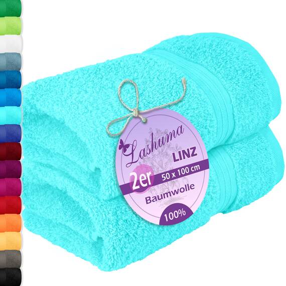 Lashuma 2er Flauschiges Handtücher Set 50x100 cm, Linz flauschig und saugstarkes Frottierhandtuch Türkis