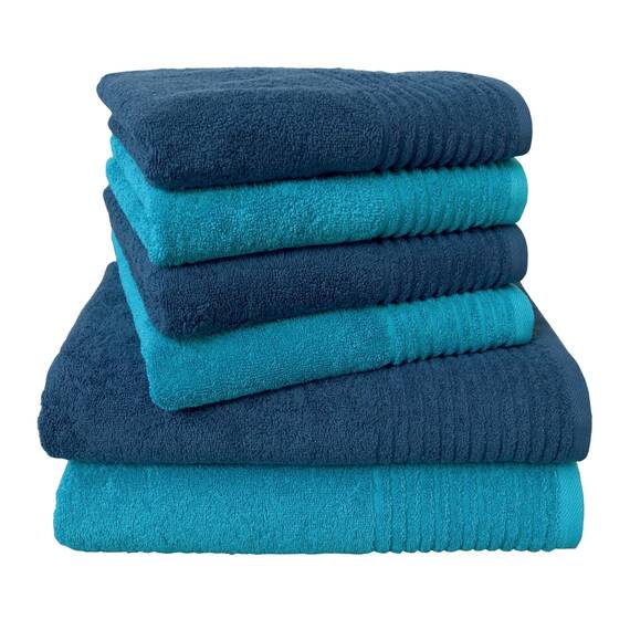 Dyckhoff Handtuchset "Brillant", 2 Badetücher / Duschtücher 70 x 140 cm und 4 Handtücher 50 x 100 cm, 6-teilig, blau / türkis