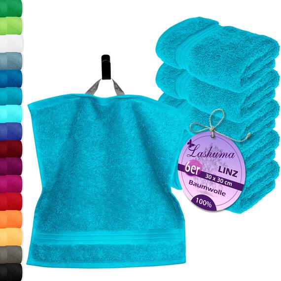 Lashuma 6er Handtücher Set Blau - Aquamarin, Linz weiche Waschlappen 30x30, Frotteetücher Bad