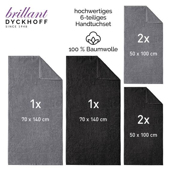 Dyckhoff Handtuchset Brillant, 2 Badetücher 70 x 140 cm und 4 Handtücher 50 x 100 cm, 6-teilig, schwarz-grau