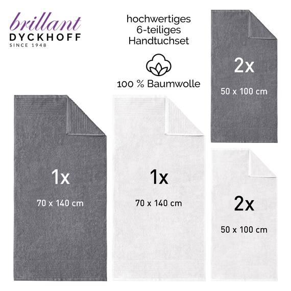 Dyckhoff Handtuchset "Brillant", 2 Badetücher / Duschtücher 70 x 140 cm und 4 Handtücher 50 x 100 cm, 6-teilig, weiß / grau