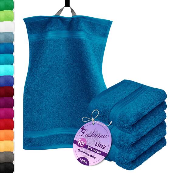 Lashuma 4 teiliges Handtuchset Blau - Petrol, Gästetücher 30x50 cm, Kleine Handtücher flauschig Serie Linz