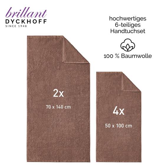 Dyckhoff Handtuchset "Brillant", 2 Badetücher / Duschtücher 70 x 140 cm und 4 Handtücher 50 x 100 cm, 6-teilig, nuss