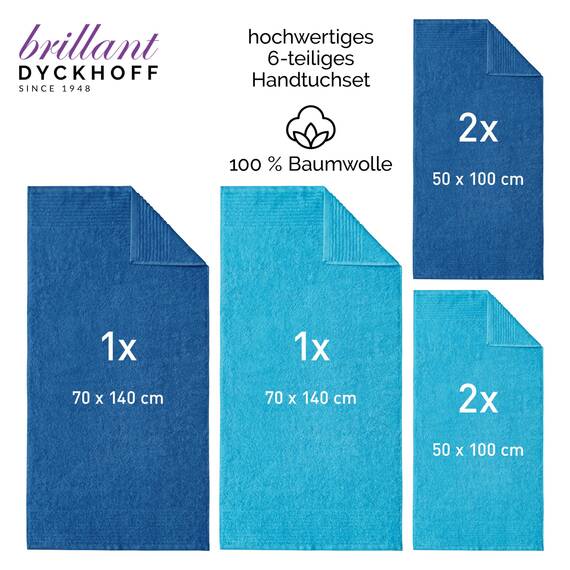 Dyckhoff Handtuchset "Brillant", 2 Badetücher / Duschtücher 70 x 140 cm und 4 Handtücher 50 x 100 cm, 6-teilig, blau / türkis