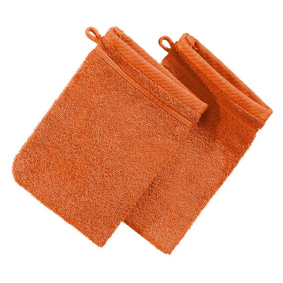 Erwin Müller Waschhandschuh Heidelberg 2er- Pack, 100% Baumwolle orange Größe 15x21 cm - weiche Qualität, saugstark und strapazierfähig - praktisch durch Schlaufe (weitere Farben)