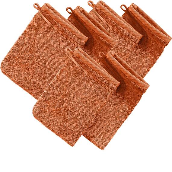Erwin Müller Waschhandschuh Heidelberg 6er- Pack, 100% Baumwolle Terra Größe 15x21 cm - weiche Qualität, saugstark und strapazierfähig - praktisch durch Schlaufe