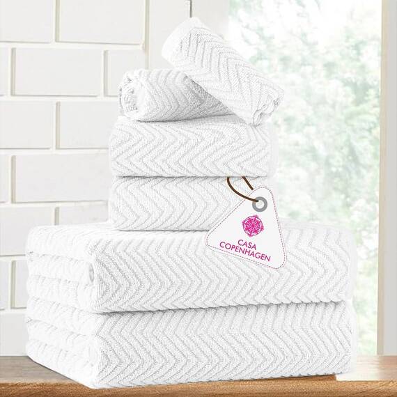 Casa Copenhagen Wave Strukturiertes 6-teiliges kleines Badetuchset - Weiß, aus 100% ägyptischer Baumwolle Kiefergrau, Badetücher für das Badezimmer (perfekte Geschenkset für Damen & Herren)