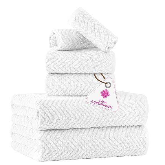 Casa Copenhagen Wave Strukturiertes 6-teiliges kleines Badetuchset - Weiß, aus 100% ägyptischer Baumwolle Kiefergrau, Badetücher für das Badezimmer (perfekte Geschenkset für Damen & Herren)