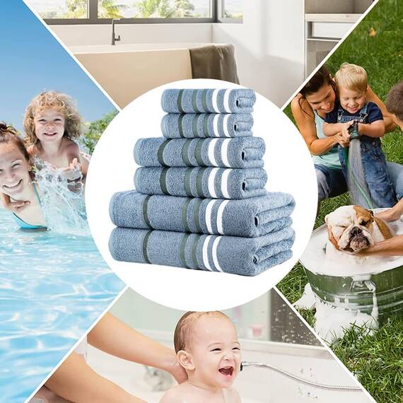 Casa Copenhagen Exotic 6-teiliges Handtuchset – Blaugrau, 525 g/m², 2 Badetücher, 2 Handtücher, 2 Waschlappen aus weicher ägyptischer Baumwolle für Badezimmer, Küche und Dusche
