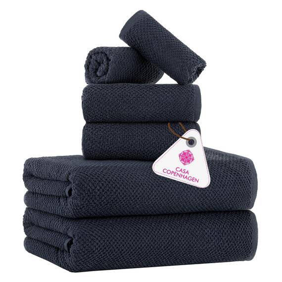 Casa Copenhagen, 6teiliges Designer Handtuch Geschenkset aus 100% ägyptischer Baumwolle Marineblau, 600 g/m² (2Badetücher, 2Handtücher, 2Waschhandschuhe) Geschenkbox für Damen & Herren
