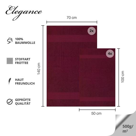 Müskaan Premium Handtuchset 6-TLG – 4 Handtücher & 2 Duschtücher aus 100% Baumwolle – Weich & saugfähig Frottee mit Aufhänger – Bordeaux