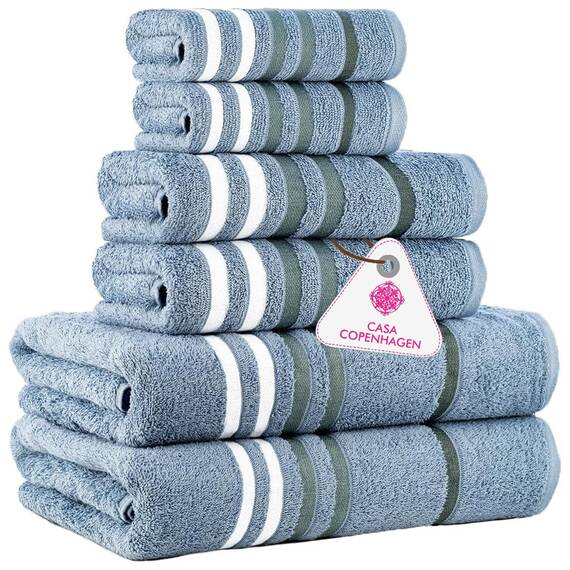 Casa Copenhagen Exotic 6-teiliges Handtuchset – Blaugrau, 525 g/m², 2 Badetücher, 2 Handtücher, 2 Waschlappen aus weicher ägyptischer Baumwolle für Badezimmer, Küche und Dusche