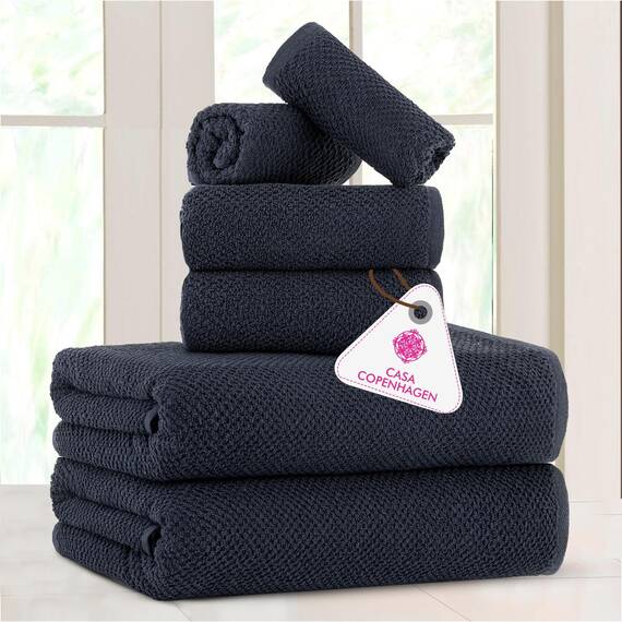 Casa Copenhagen, 6teiliges Designer Handtuch Geschenkset aus 100% ägyptischer Baumwolle Marineblau, 600 g/m² (2Badetücher, 2Handtücher, 2Waschhandschuhe) Geschenkbox für Damen & Herren