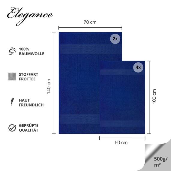 Müskaan Premium Handtuchset 6-TLG – 4 Handtücher & 2 Duschtücher aus 100% Baumwolle – Weich & saugfähig Frottee mit Aufhänger – Royalblau