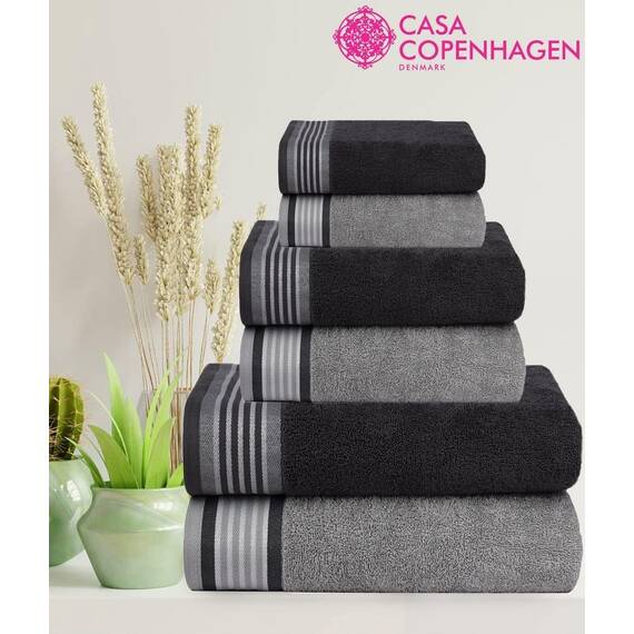 Casa Copenhagen, 6teiliges Designer Handtuch Geschenkset aus 100% ägyptischer Baumwolle –Kieferngrau + Grauviolett, 600 g/m² (2Badetücher, 2Handtücher, 2Waschhandschuhe) Geschenkbox für Damen & Herren