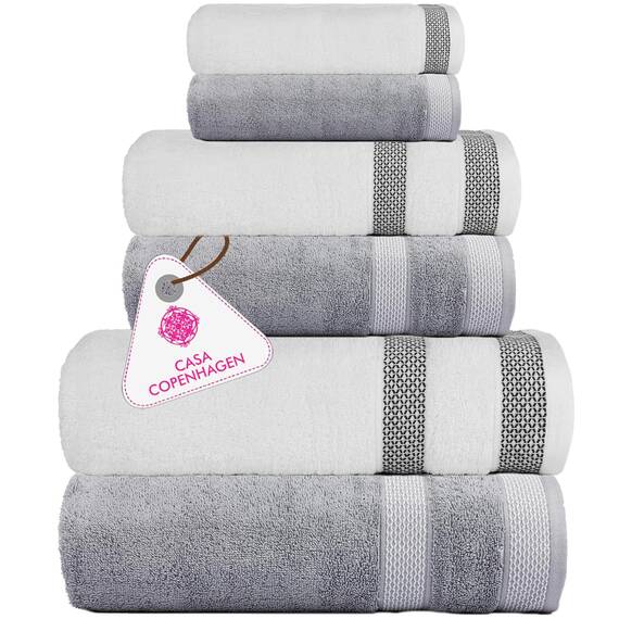 Casa Copenhagen, 6teiliges Designer Handtuch Geschenkset aus 100% ägyptischer Baumwolle – Weiß – Grauviolett, 600 g/m² (2Badetücher, 2Handtücher, 2Waschhandschuhe) Geschenkbox für Damen & Herren