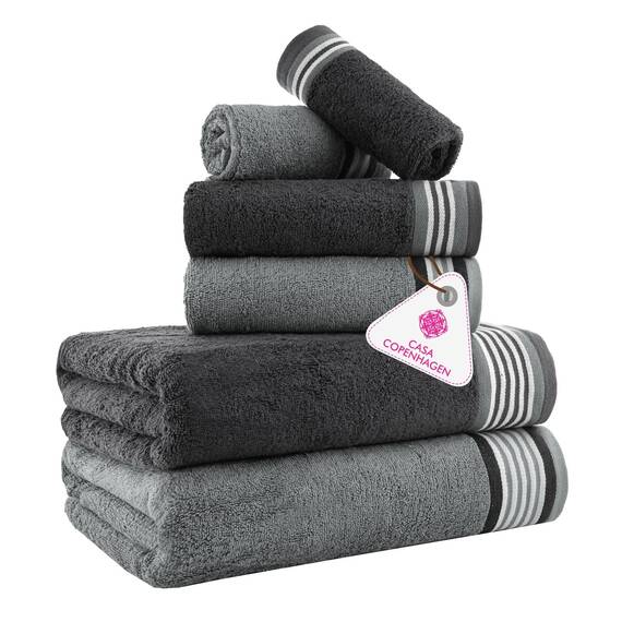 Casa Copenhagen, 6teiliges Designer Handtuch Geschenkset aus 100% ägyptischer Baumwolle –Kieferngrau + Grauviolett, 600 g/m² (2Badetücher, 2Handtücher, 2Waschhandschuhe) Geschenkbox für Damen & Herren