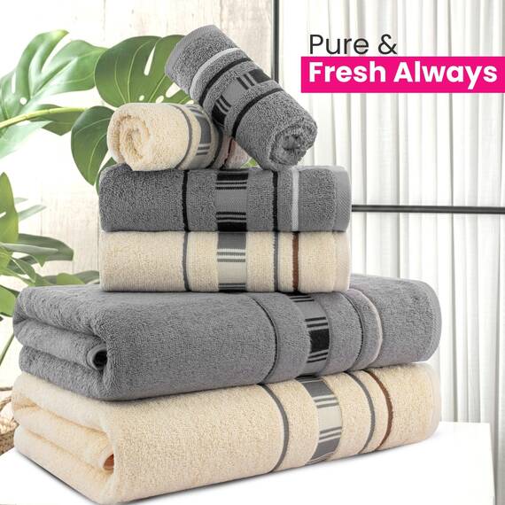 Casa Copenhagen, 6teiliges Designer Handtuch Geschenkset aus 100% ägyptischer Baumwolle –Grau Creme, 600 g/m² (2Badetücher, 2Handtücher, 2Waschhandschuhe) Geschenkbox für Damen & Herren