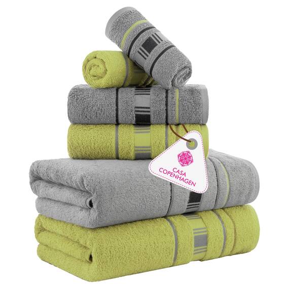 Casa Copenhagen, 6teiliges Designer Handtuch Geschenkset aus 100% ägyptischer Baumwolle –Grau Grün, 600 g/m² (2Badetücher, 2Handtücher, 2Waschhandschuhe) Geschenkbox für Damen & Herren