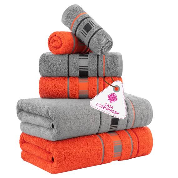 Casa Copenhagen, 6teiliges Designer Handtuch Geschenkset aus 100% ägyptischer Baumwolle –Grau Rot, 600 g/m² (2Badetücher, 2Handtücher, 2Waschhandschuhe) Geschenkbox für Damen & Herren