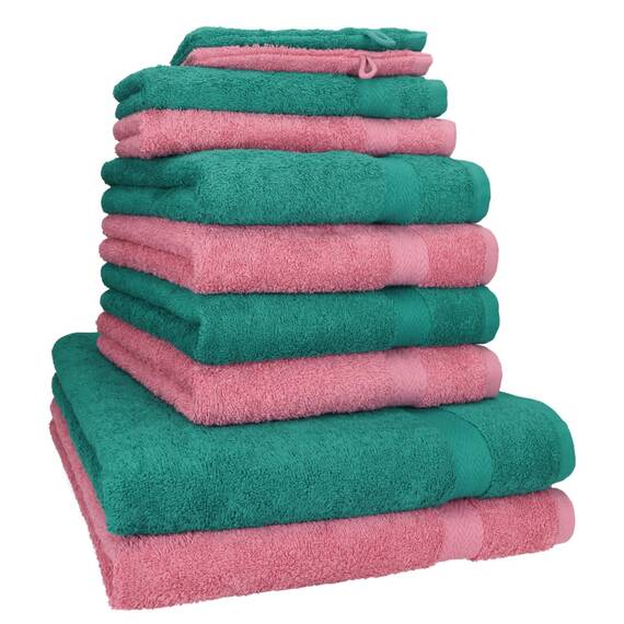 Betz 10-TLG. Handtuch-Set Premium 100% Baumwolle 2 Duschtücher 4 Handtücher 2 Gästetücher 2 Waschhandschuhe Farbe Altrosa & Smaragd