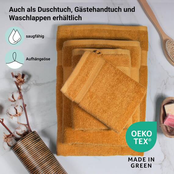 DoubleDry Handtücher Set 12-50 X 100 cm, Flauschige Badehandtücher, Duschhandtücher aus 100% Baumwolle (Oeko-TEX MIG Certified)- 500 g/m², Handtücher für Fitnessstudio, Spa & Strand (Ockergelb)