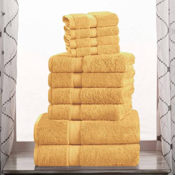 Superior 10-teiliges Handtuch-Set, ägyptische Baumwolle, 2 Badetücher, 4 Handtücher, 4 Gesichtshandtücher/Waschlappen, schwer, ultraweiche Handtücher, Dicker Plüsch, Gästebad, Spa, Hotelbad, Gold