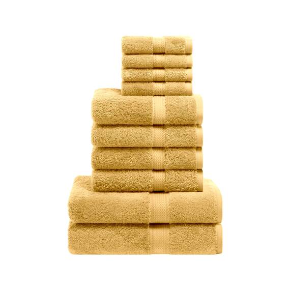 Superior 10-teiliges Handtuch-Set, ägyptische Baumwolle, 2 Badetücher, 4 Handtücher, 4 Gesichtshandtücher/Waschlappen, schwer, ultraweiche Handtücher, Dicker Plüsch, Gästebad, Spa, Hotelbad, Gold