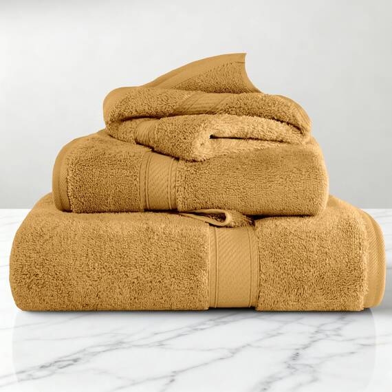 Superior Handtuch-Set aus ägyptischer Baumwolle, mit 1 Badetuch, 1 Handtuch und 1 Gesichtshandtuch/Waschlappen, schwer, ultraweich, dick und flauschig, für Gäste, Spa und Hotel, Gold, 3-teilig