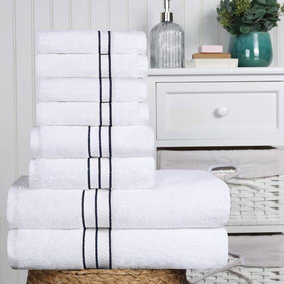Superior Handtuch-Set, türkische Baumwolle, ideal für Hauptbad, Gäste-WC oder Strand, Ultra-Plüsch, Set beinhaltet: 8 Stück, Gesichts-/Waschlappen, Handtücher, Badetücher, Marineblau